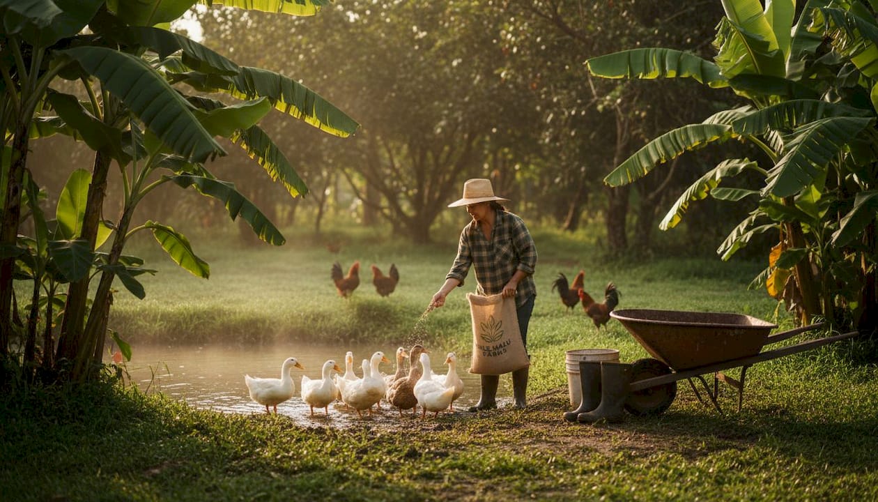 Worker feeding ducks on lush Hawaiian farm