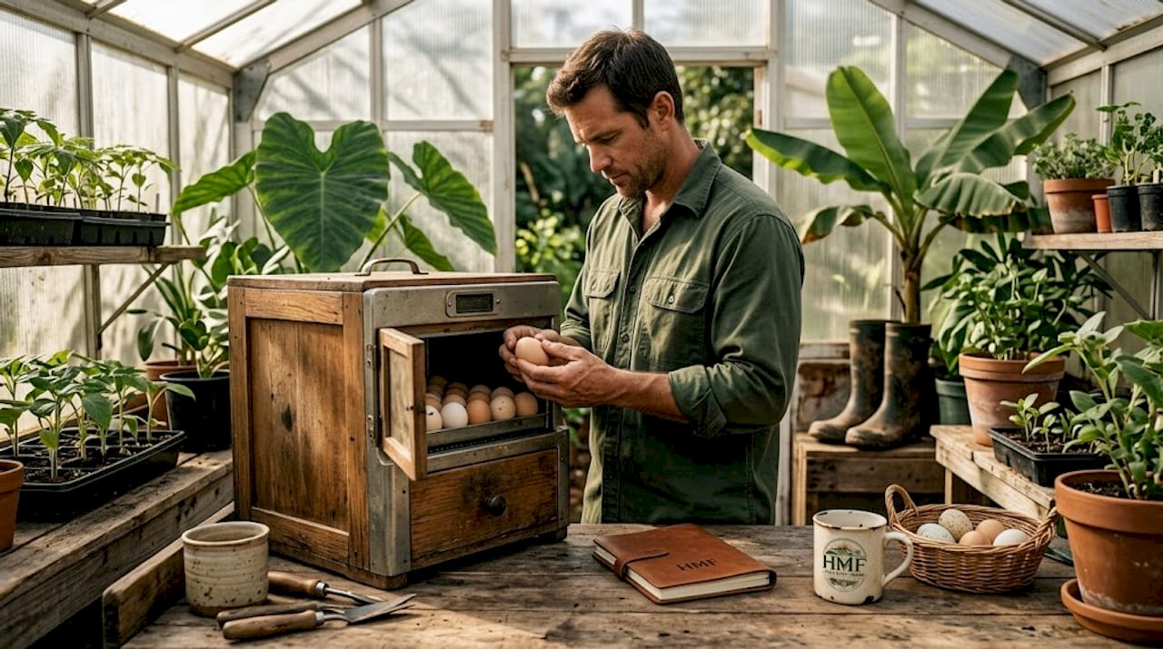 Local farmer checking eggs in small hatchery