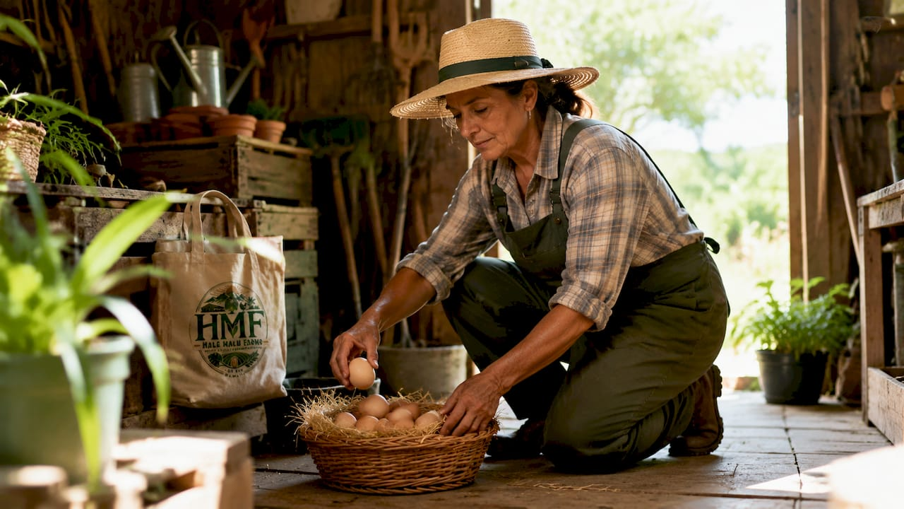 Woman collecting fresh eggs in coop