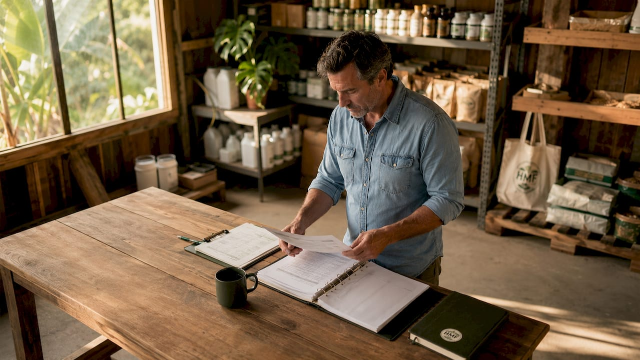 Farm supply manager reviewing delivery schedules