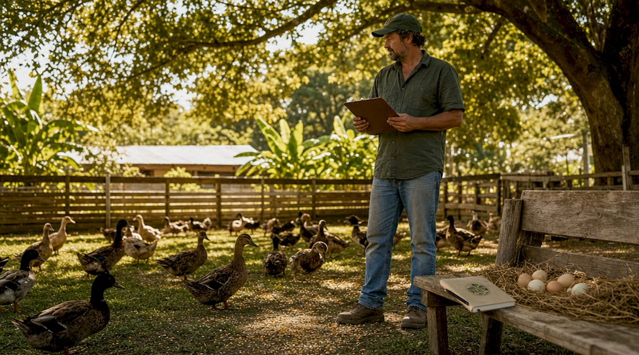 Farmer observing ducks in breeding barn