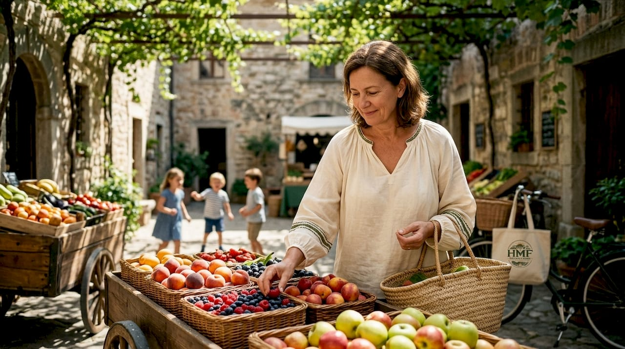Woman selecting fresh vegetables at farmers market
