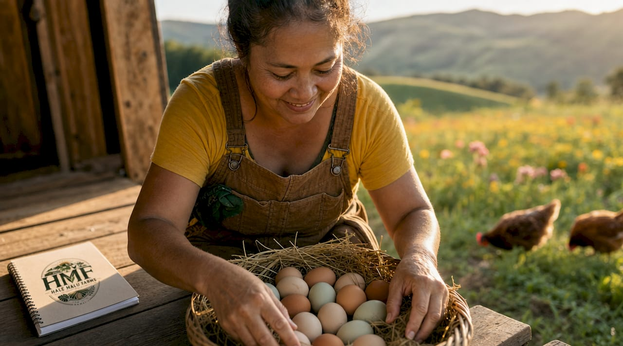 Local farmer carrying basket of eggs outdoors