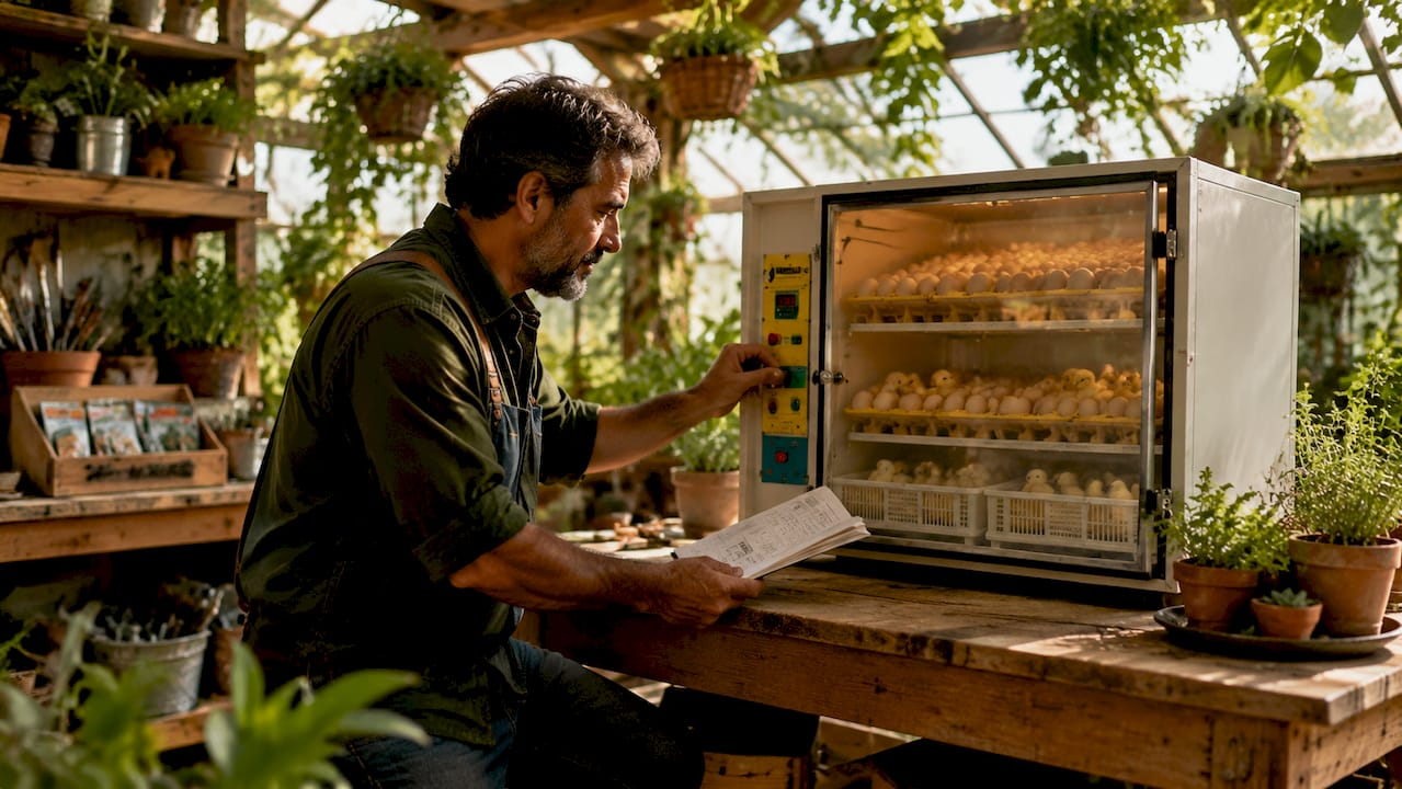 Man setting up poultry incubator in home workshop