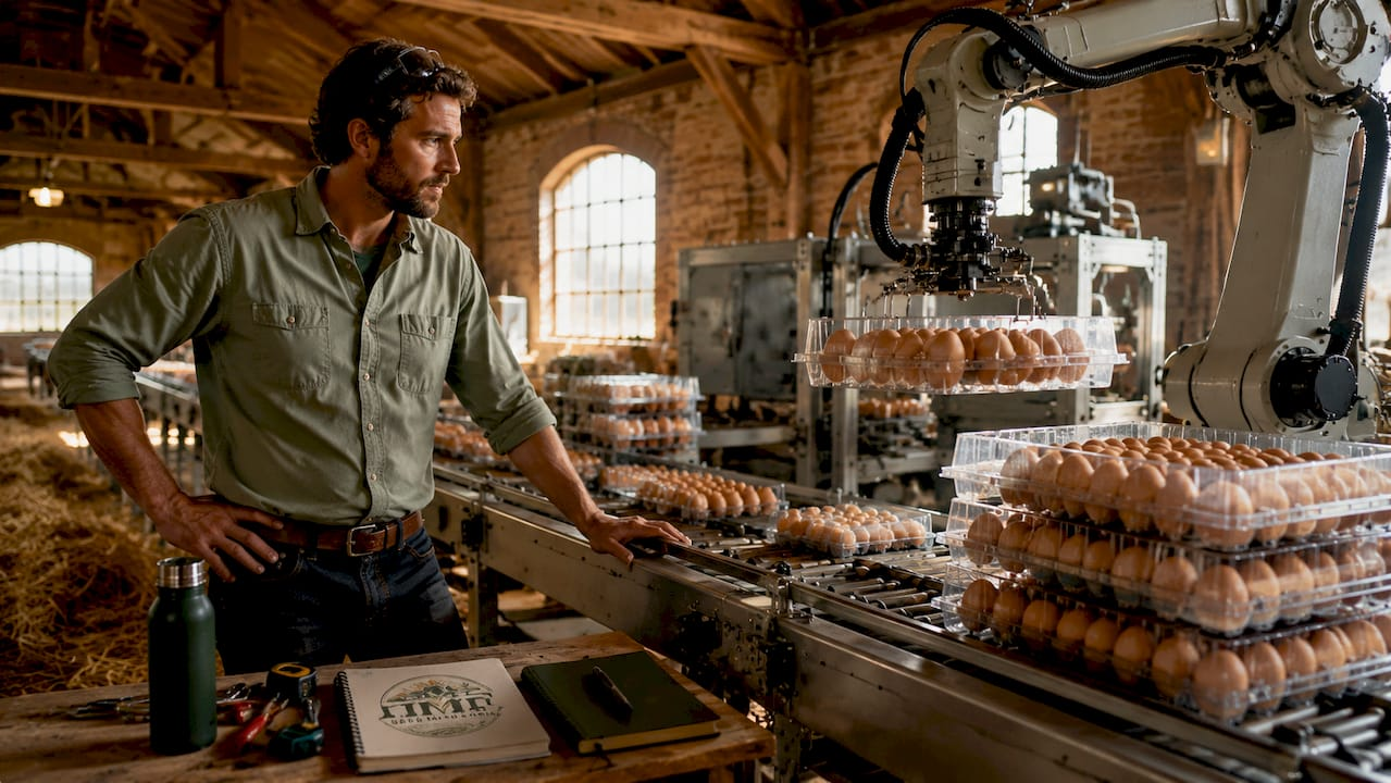 Engineer inspecting robotic egg packaging system