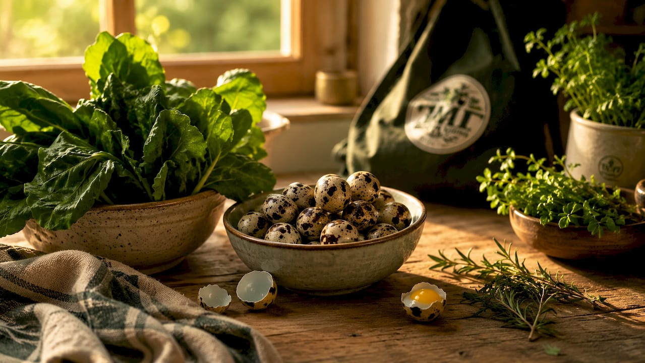 Fresh quail eggs with herbs on wooden table