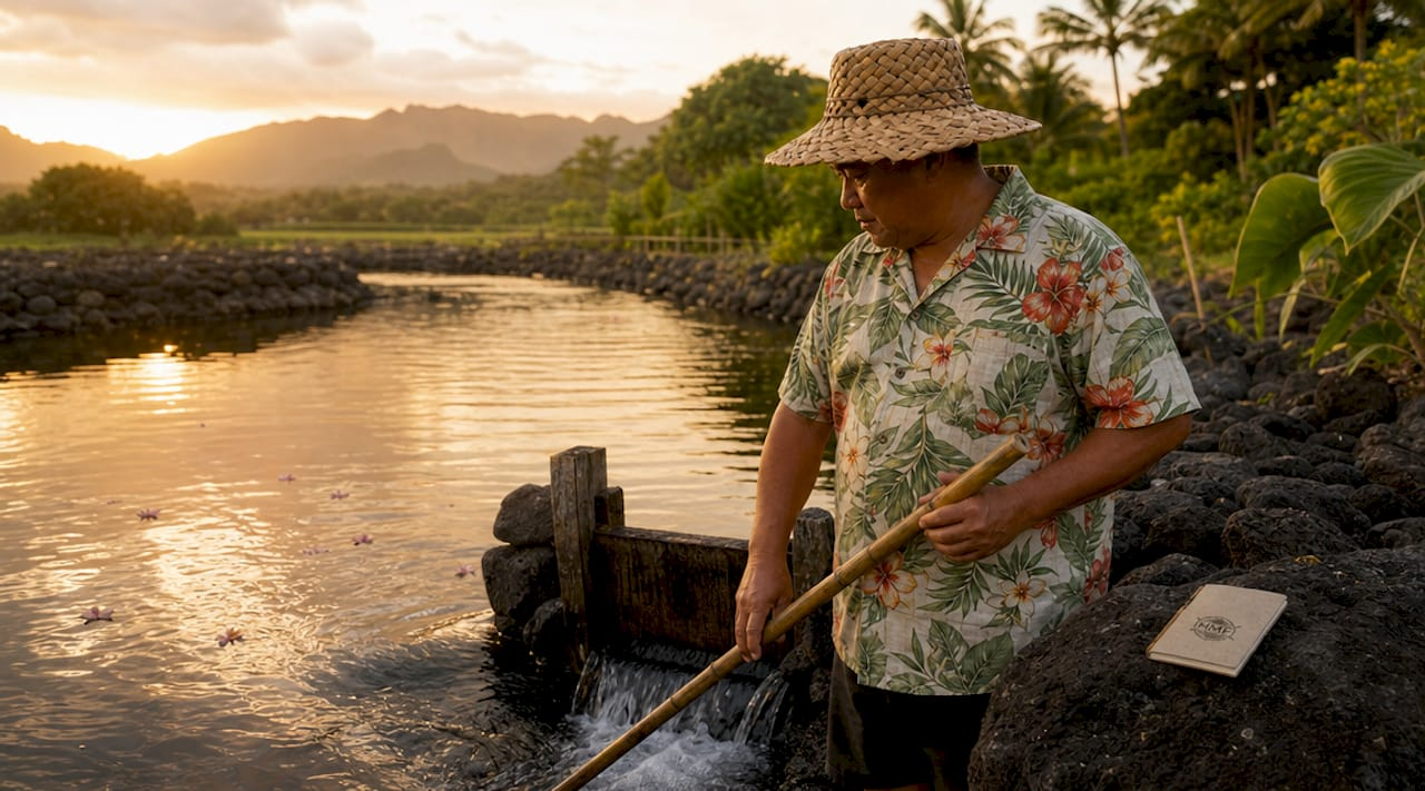 Man inspecting traditional Hawaiian fishpond at sunrise