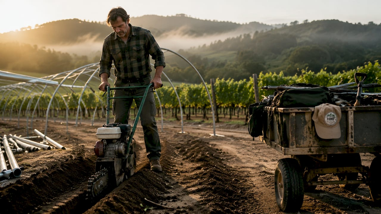 Grower operating trencher preparing greenhouse site