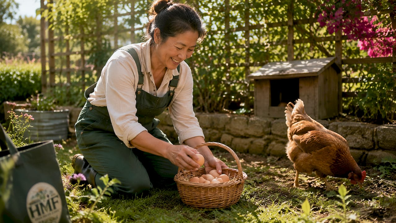 Woman collecting fresh eggs in backyard coop
