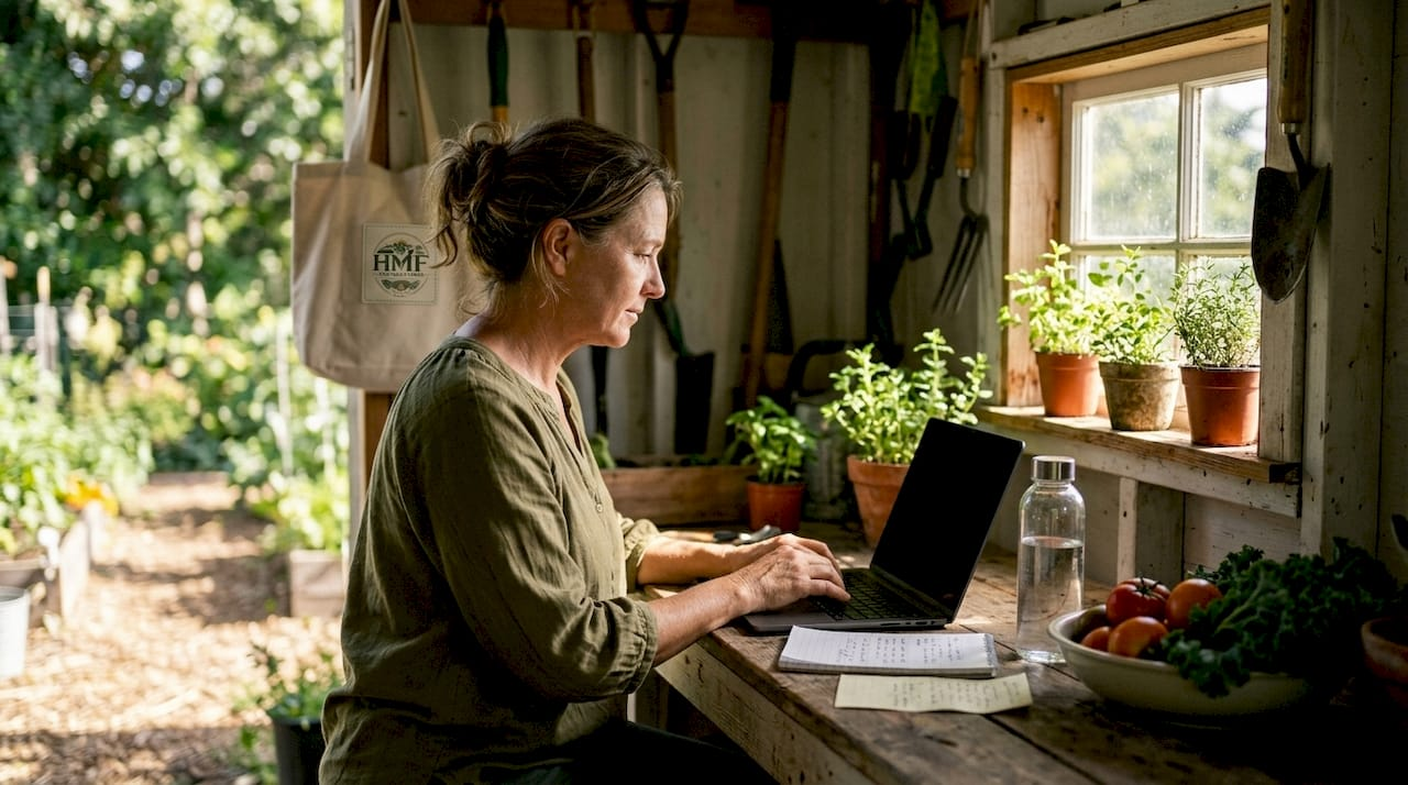 Farmer setting up e-commerce store on laptop