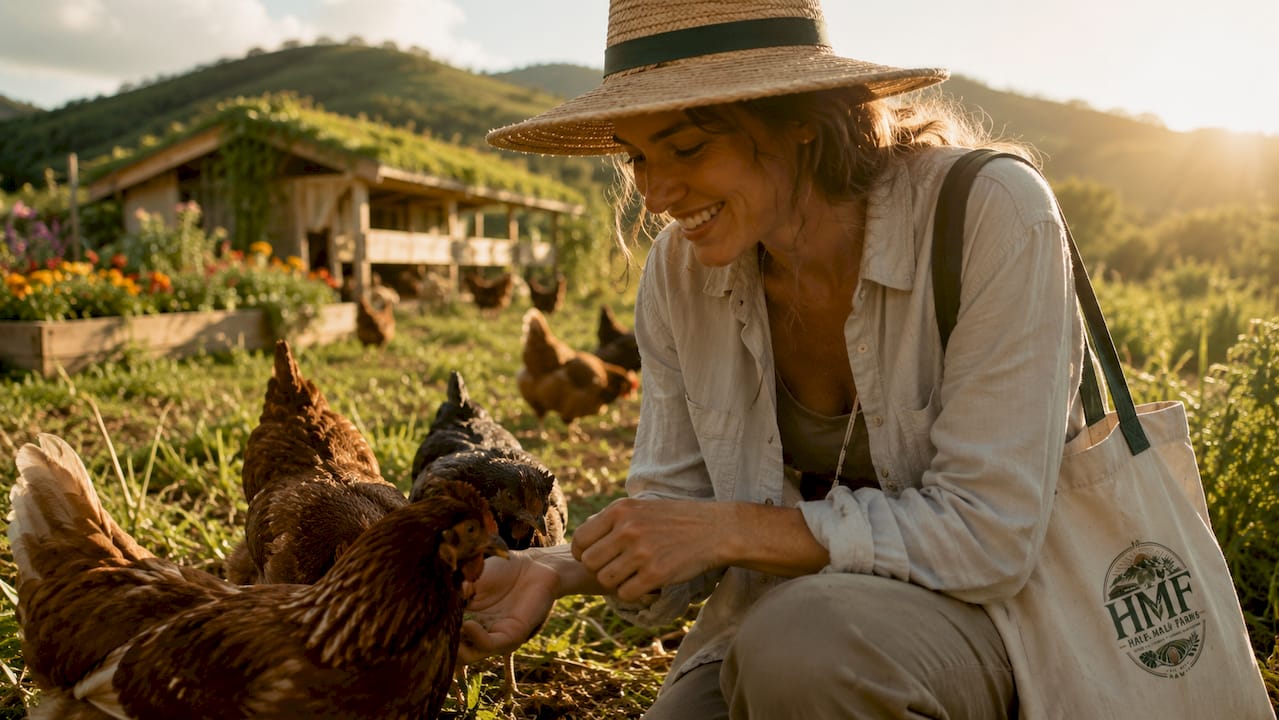 Farmer inspecting free-range hens outdoors on sustainable farm