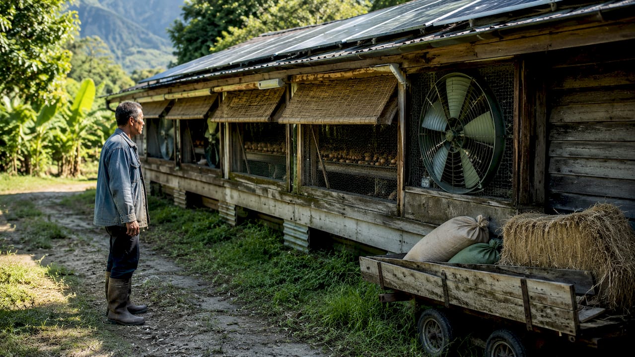 Small farmer inspecting automated egg barn exterior