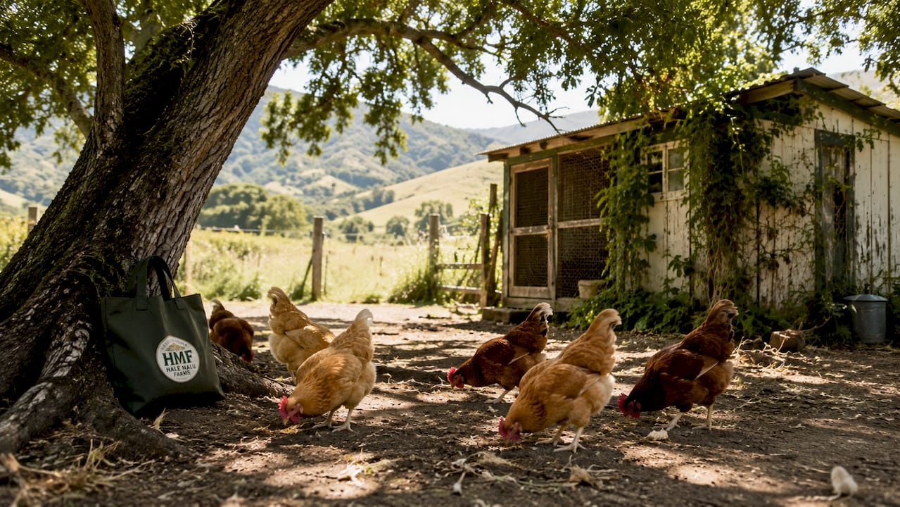 Flock of low-maintenance farm birds in pasture