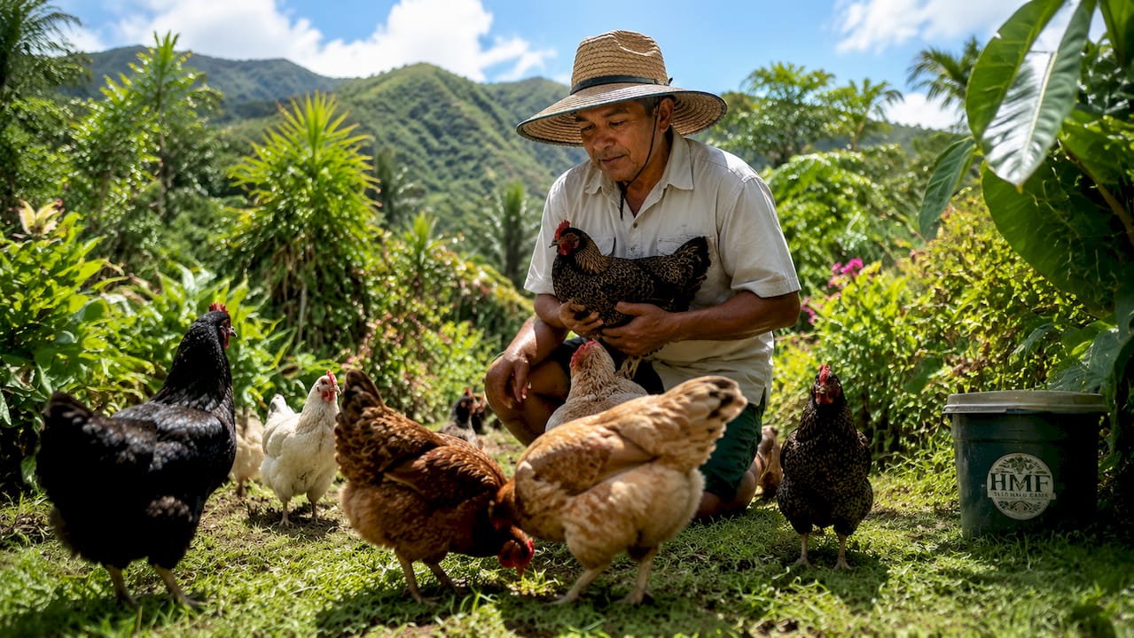 Farmer caring for heritage chickens on pasture