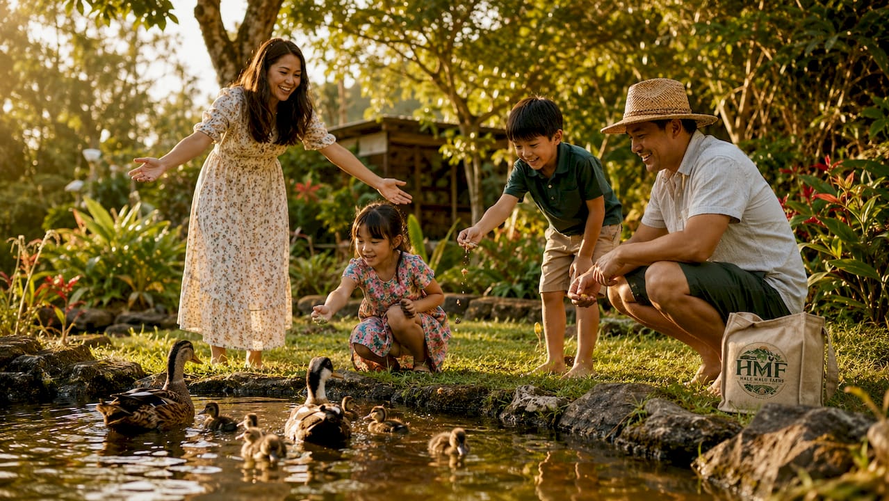 Family feeding ducks by backyard pond