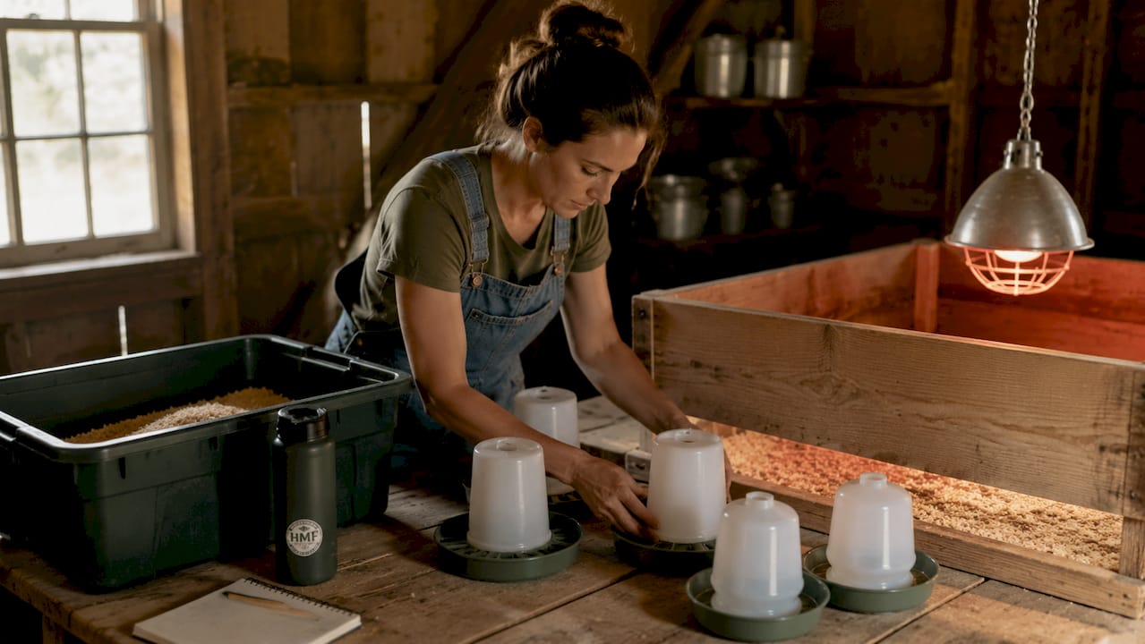 Female farmer arranging poultry starter kit supplies