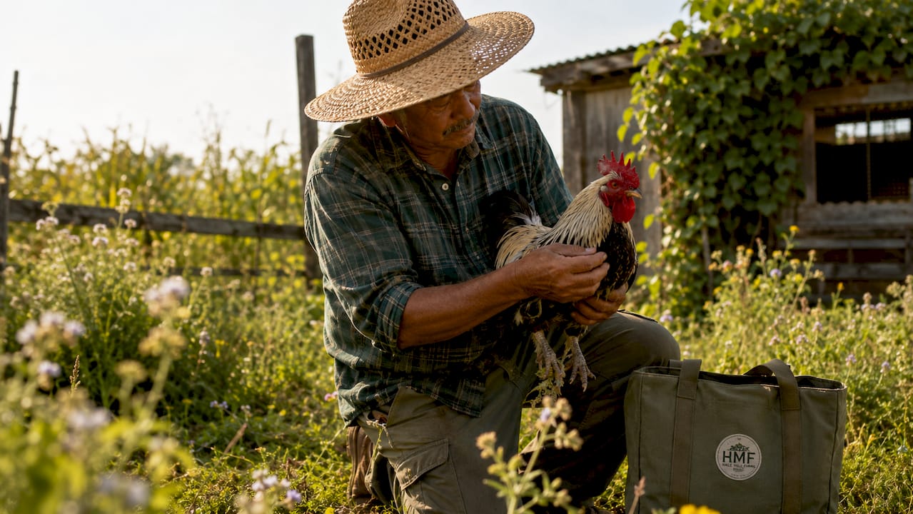 Farmer inspecting heritage rooster in chicken coop