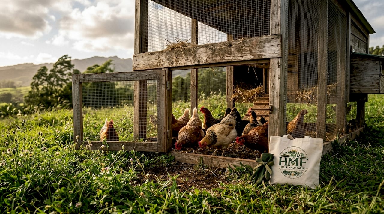 Portable outdoor chicken tractor in pasture with chickens