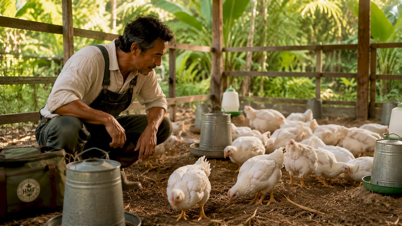 Farmer inspecting broiler chickens at small farm