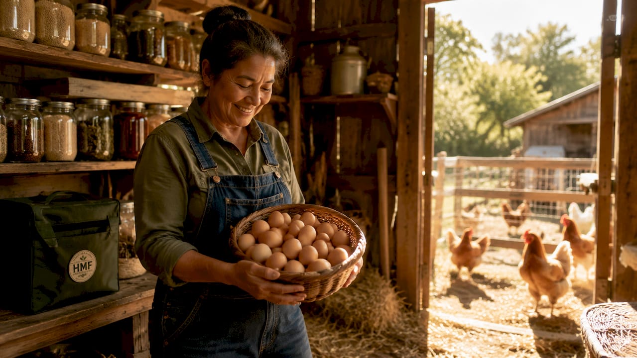 Farmer holding basket of fresh eggs in chicken coop