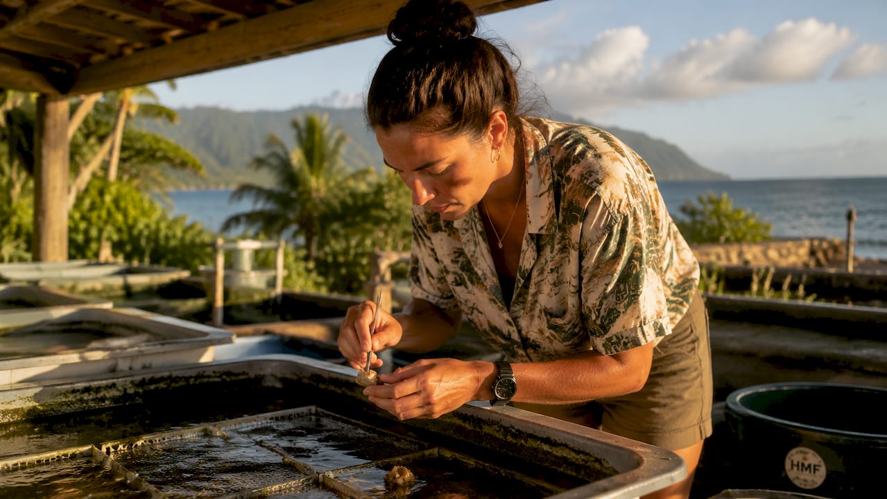 Marine biologist inspecting hatchery oyster spat