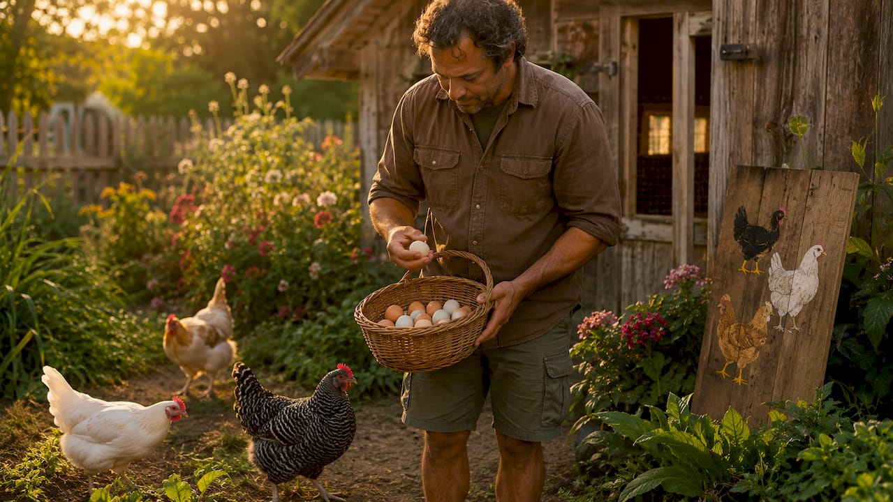 Man inspecting eggs near backyard chicken coop