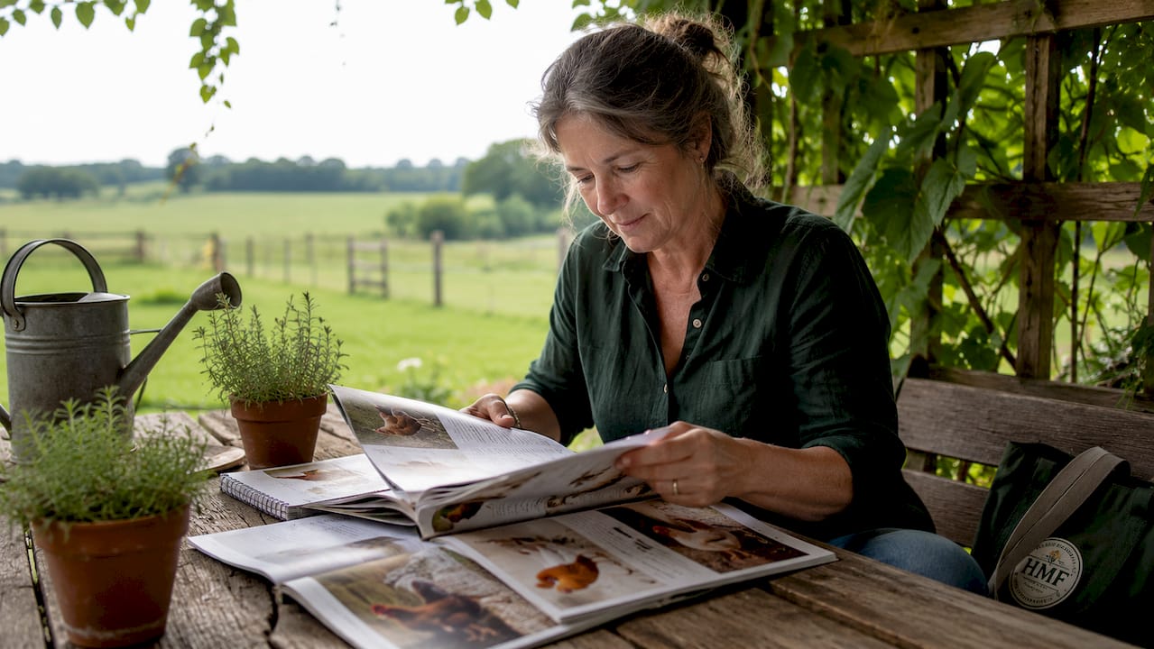 Woman reviewing heritage poultry farm catalogs
