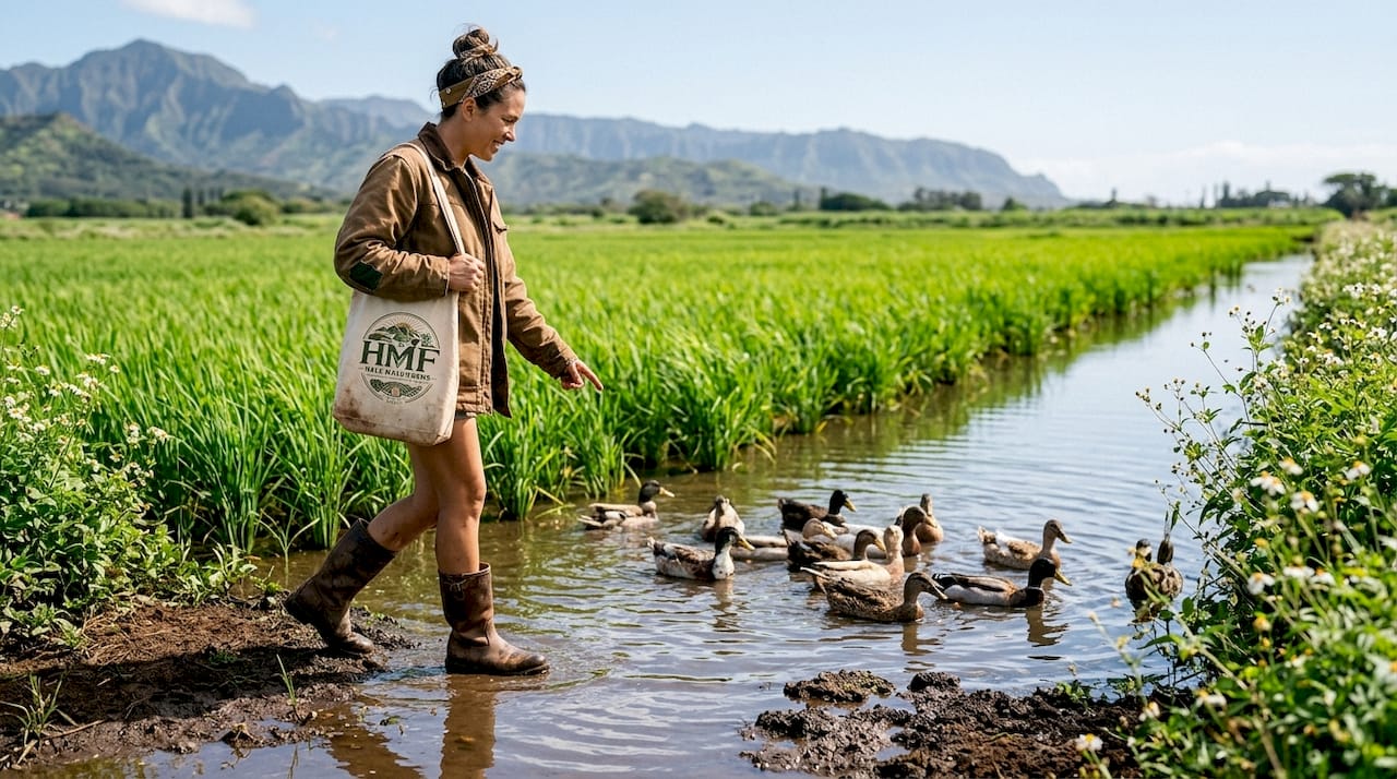 Female farmer walking with ducks on moist farm soil