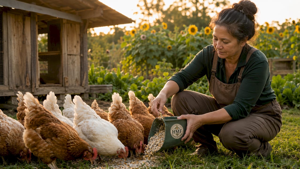 Farmer feeding laying hens outside coop