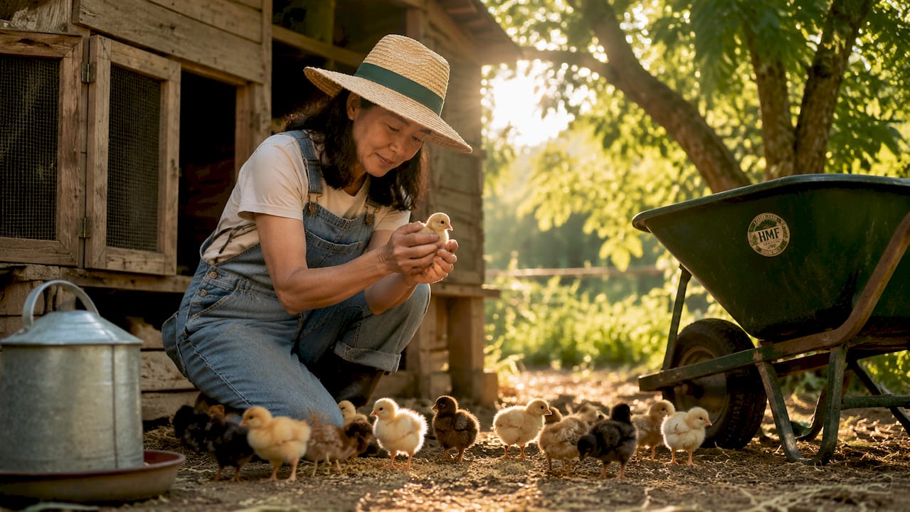 Woman inspecting heritage breed chicks on farm