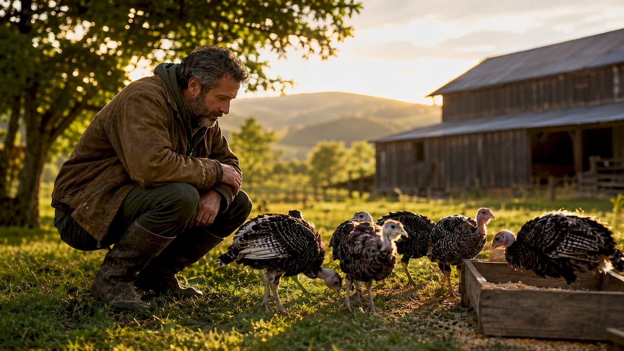Farmer checking turkeys on pasture