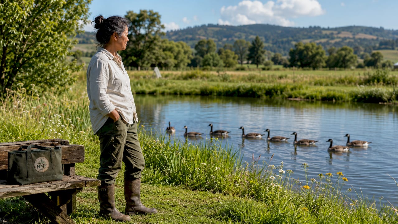 Woman watching geese grazing on island farm